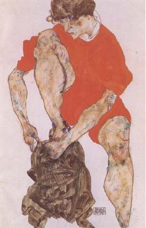 Egon Schiele Female Model in Bright Red Jacket and Pants (mk09) oil painting image